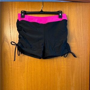 Vibrant Pink and Black Athletic swim Shorts for Women with cinched sides